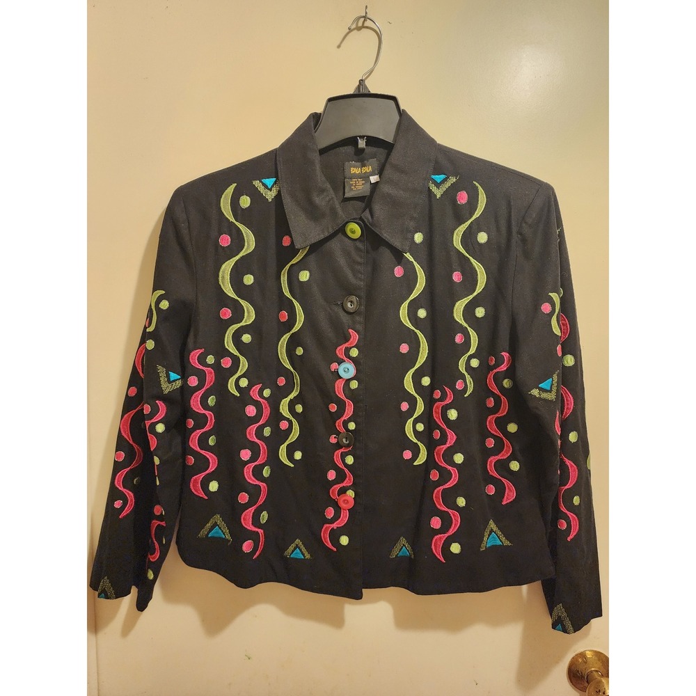 Bala Bala Vintage Silk Jacket Black Abstract Embroidered Colorful Buttons Large
